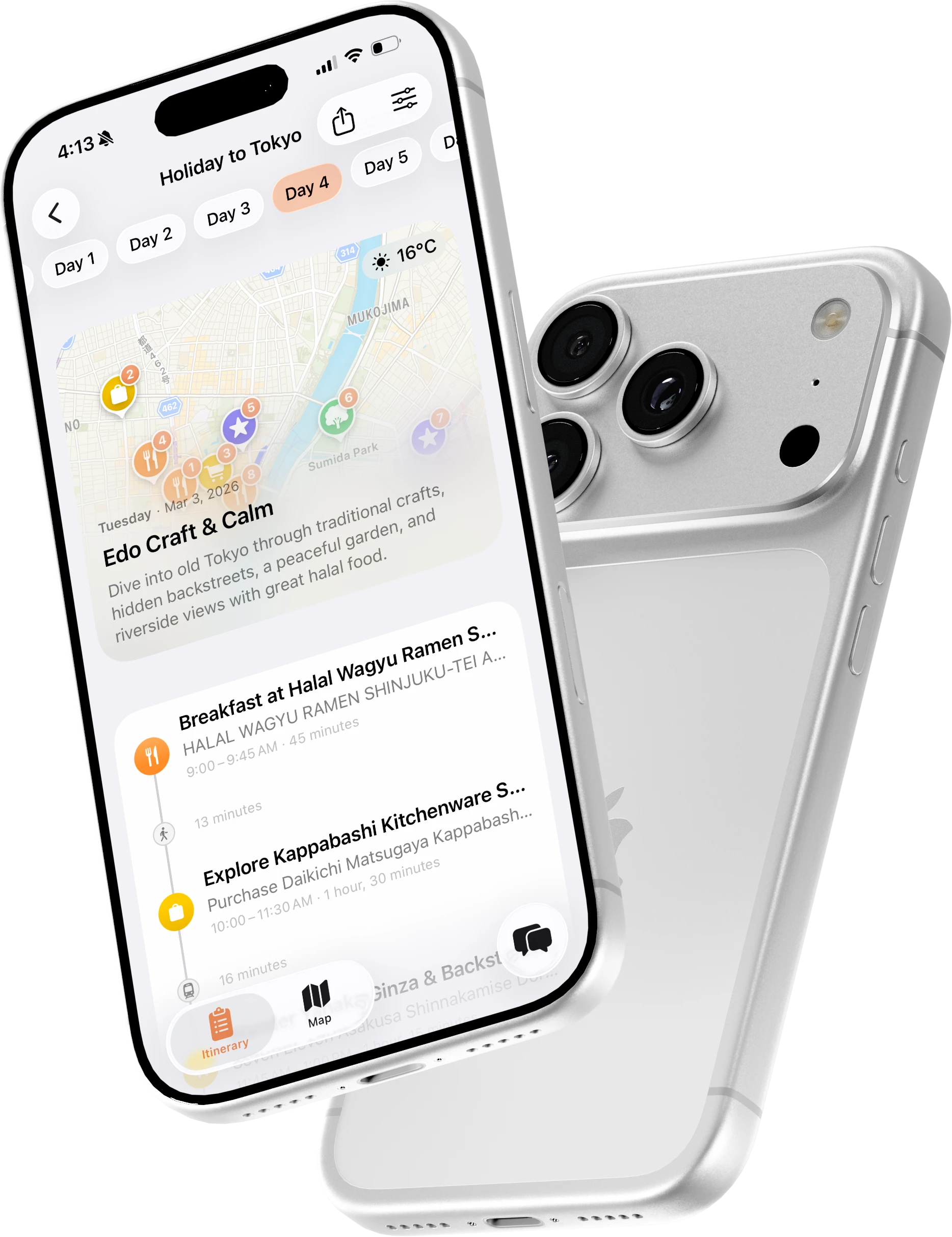 Tripstitch day view with map pins and activities
