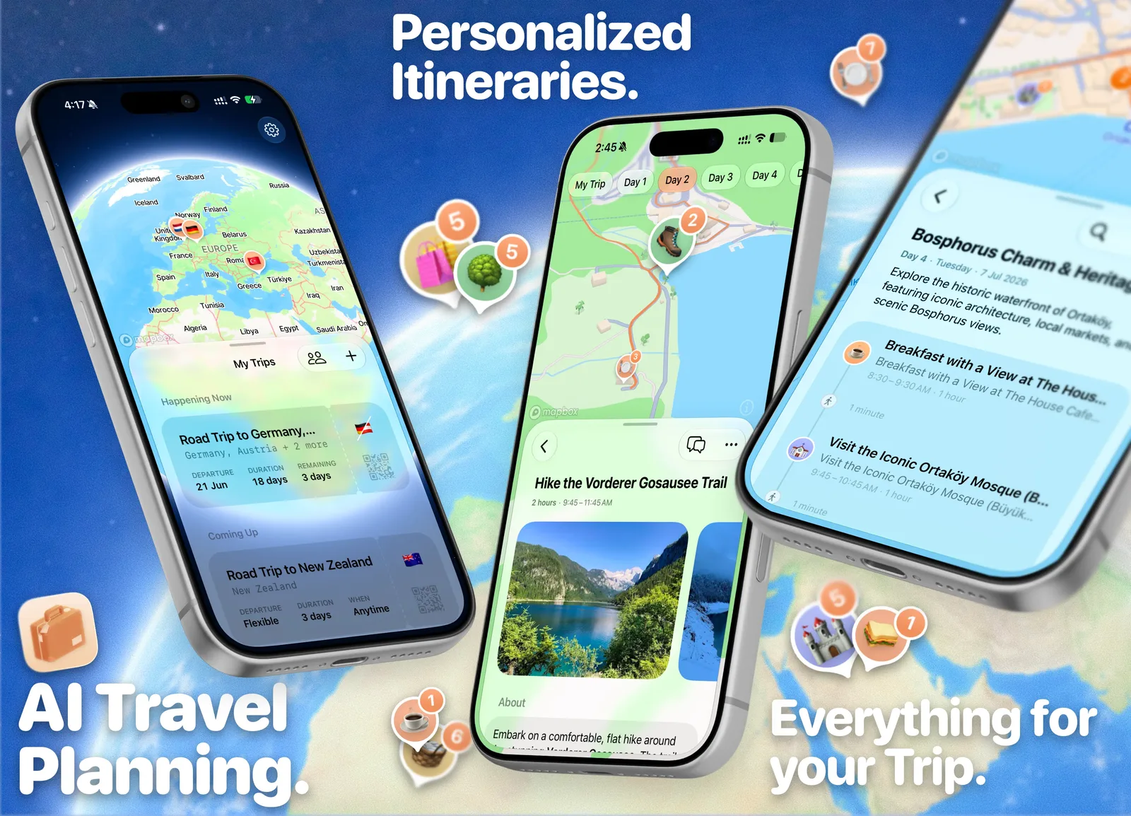 Three iPhones showing Tripstitch: a trip list over a 3D globe, a day's route on the map with an activity open, and an itinerary of timed stops